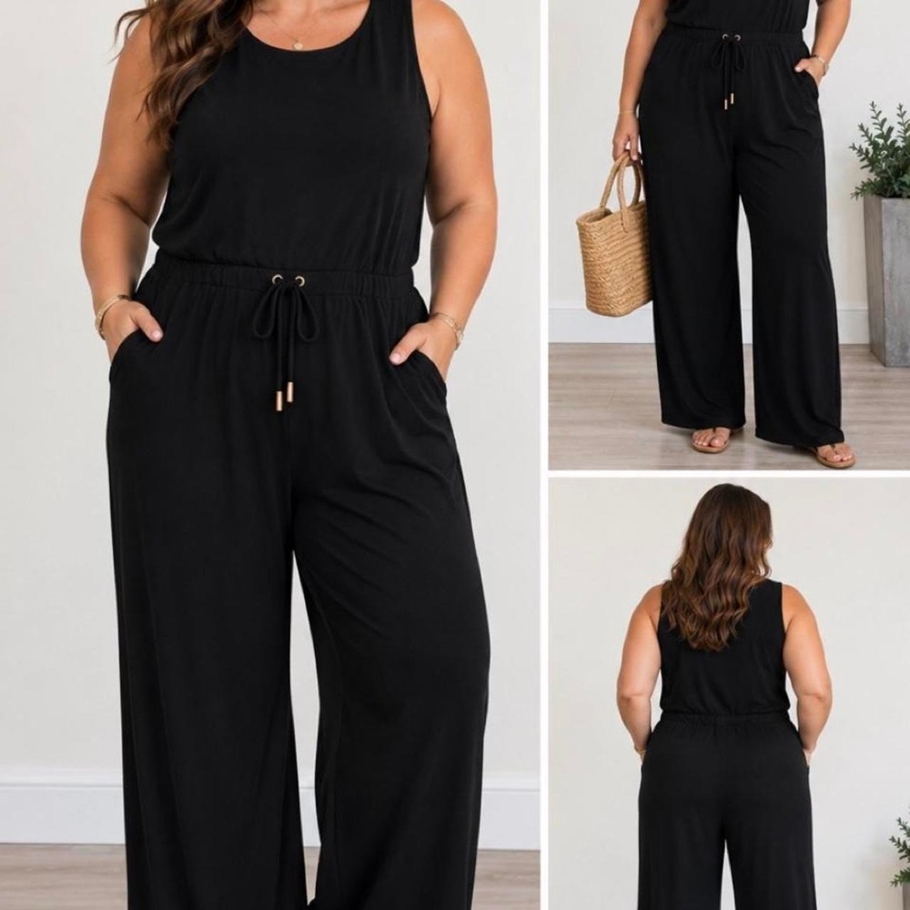 CHICOS Jumpsuit 2 L Womens Black Excellent Sleeveless Wide Leg Drawstring Pocket